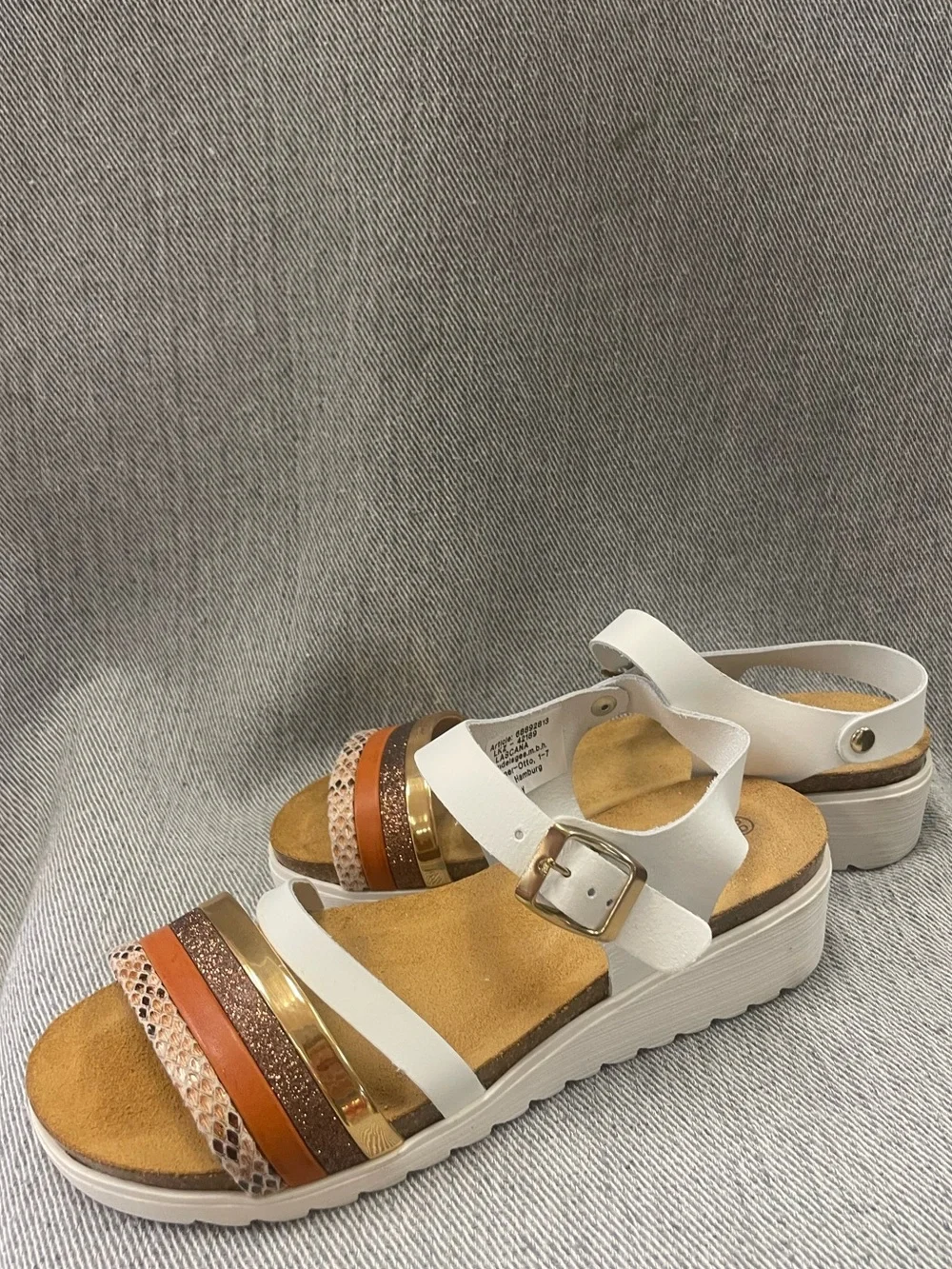 New Beautiful Lascana White Wedge Sandals with Gold and Tan Straps